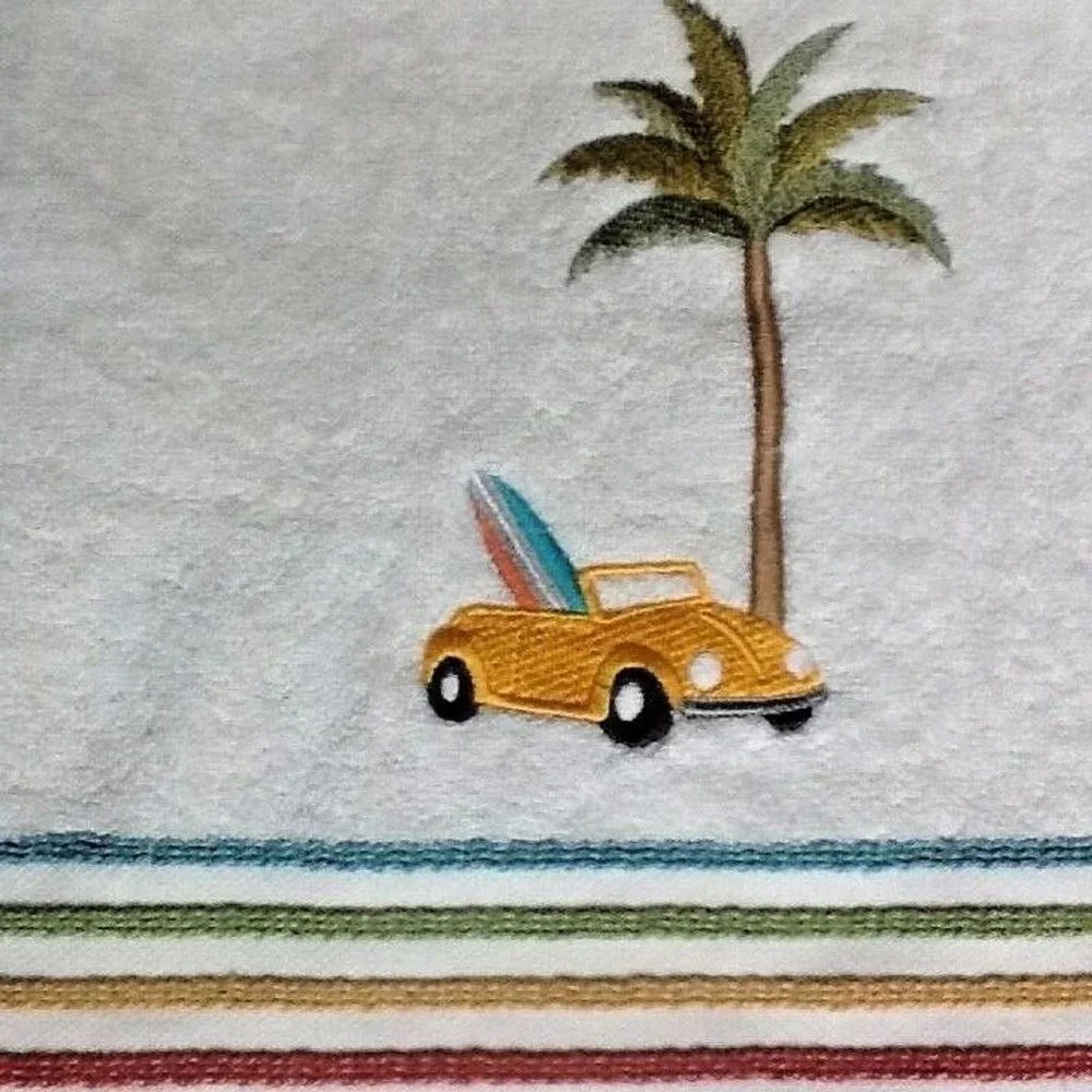 2 SKL Surfs Up Bath Towels Volkswagen Convertible Beetle Car SURFBOARD Palm Tree